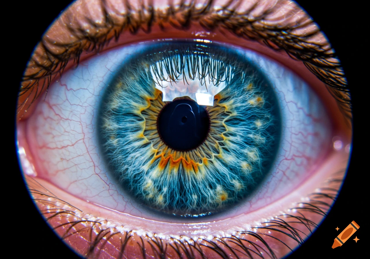Close-up fisheye view of a detailed blue and yellow eye with visible veins and eyelashes.