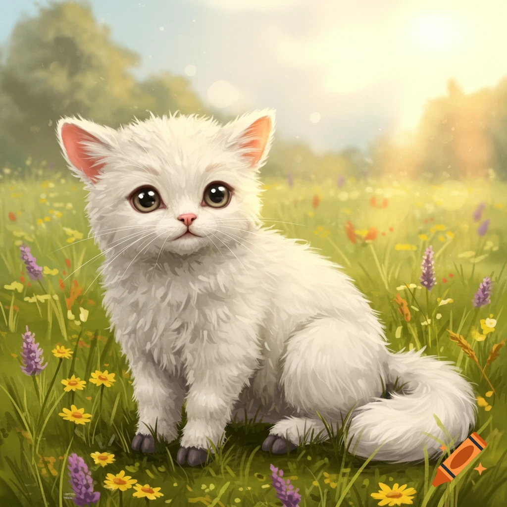 A cute white kitten sits in a sunny meadow among wildflowers. on Craiyon