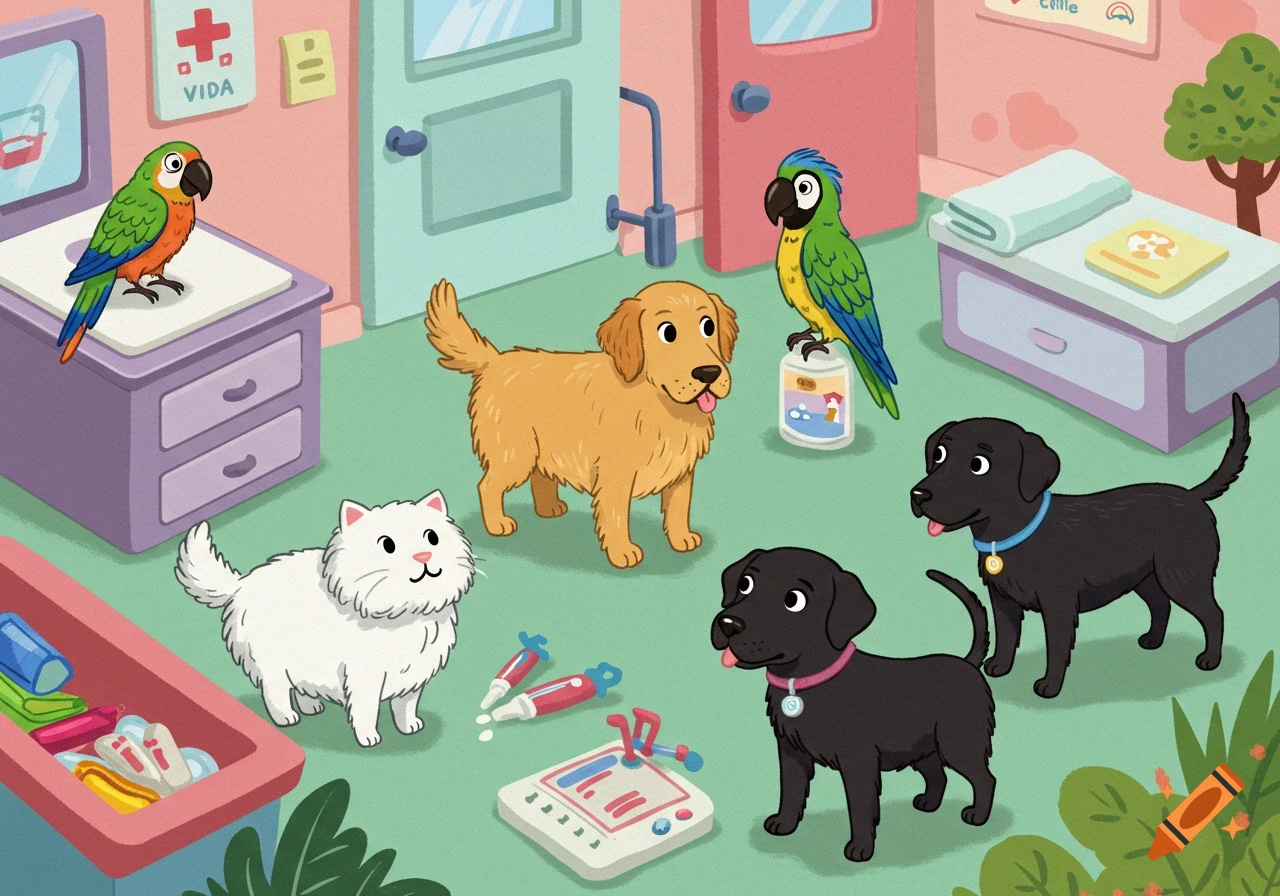 Cartoon animals including dogs, a cat, and parrots in a colorful vet clinic waiting room.