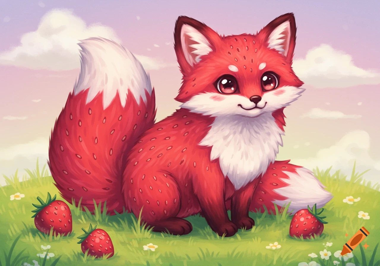 Cute strawberry fox sitting in grass with strawberries, illustration