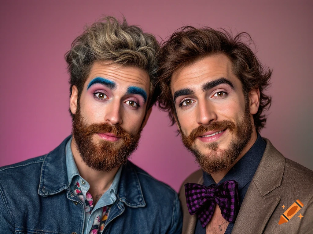 Two men with beards pose for a portrait, one in a denim jacket with blue brows, the other in a suit and purple bow tie.