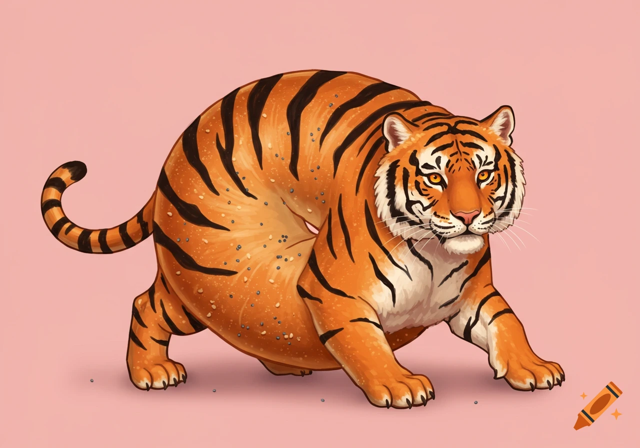 Tiger bagel hybrid creature with sesame seeds on a pink background.