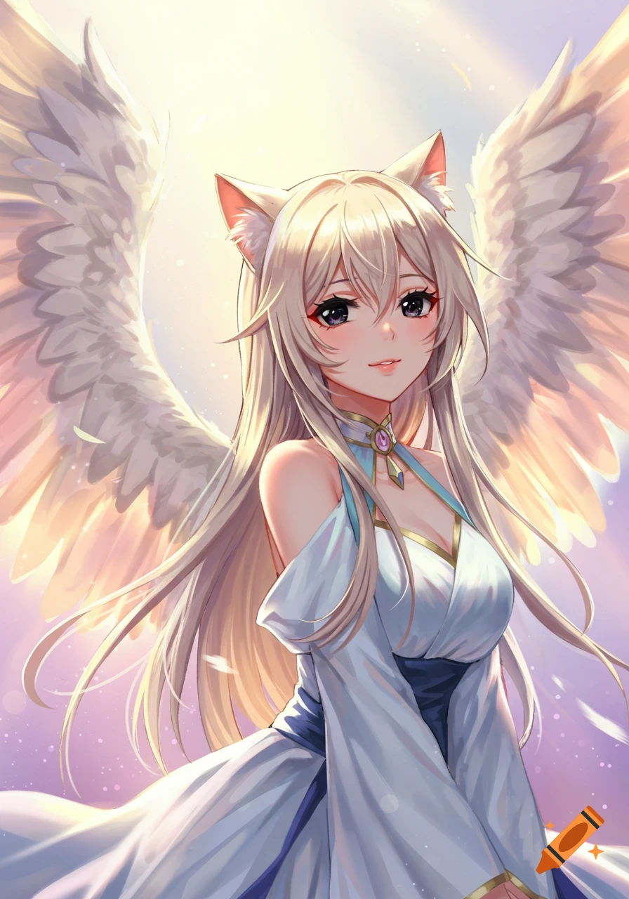 Anime girl with cat ears and angel wings wearing a white dress, smiling. on  Craiyon, image size:896x1280
