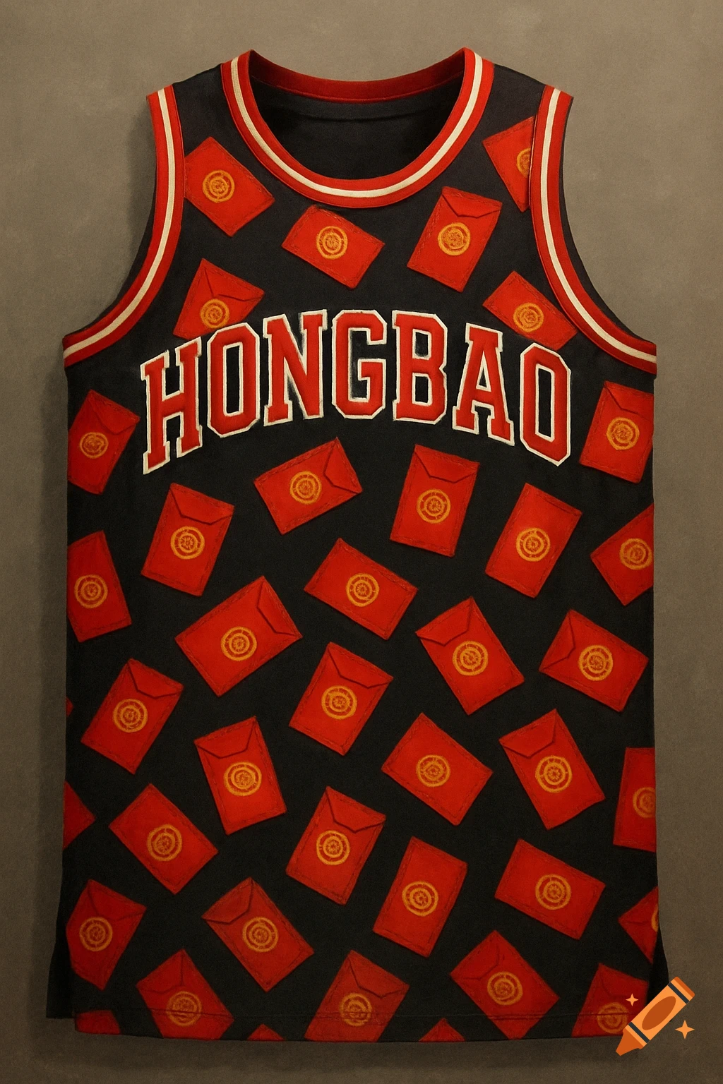 Black basketball jersey with red envelopes patterned across it and "HONGBAO" in red with a white outline across the chest.