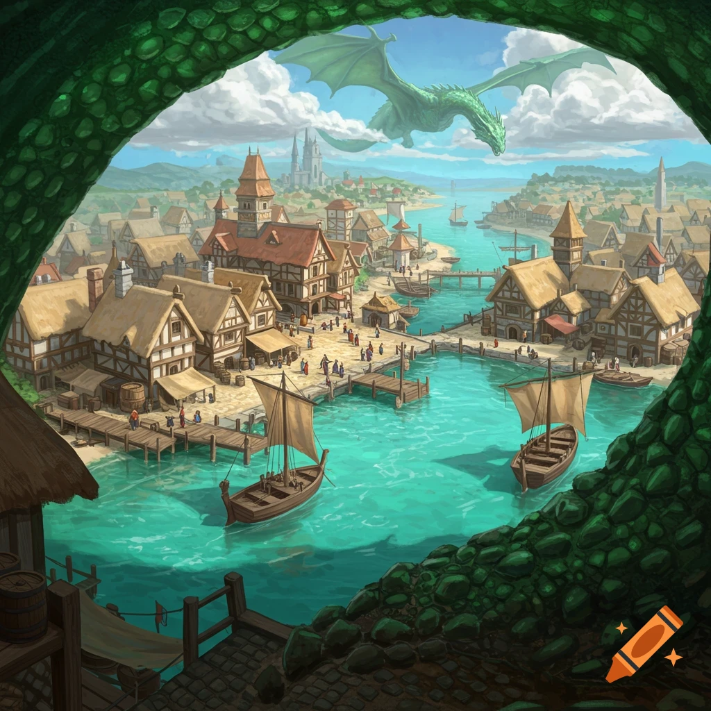 A fantasy town on a river leading to the sea, viewed from within a cave-like opening, with a dragon flying above.