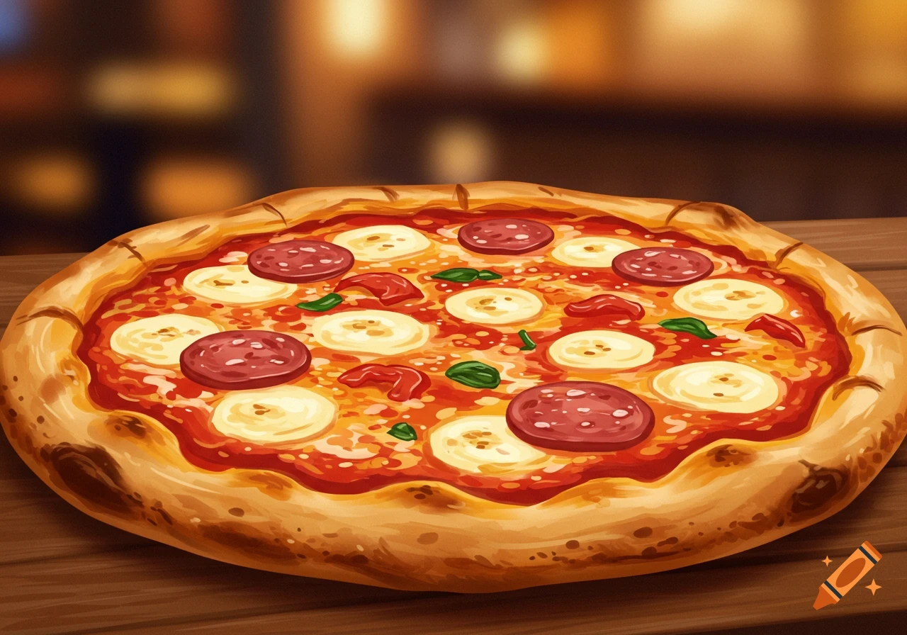 A pepperoni and mozzarella pizza on a wooden table with a blurred background, in a painted style.