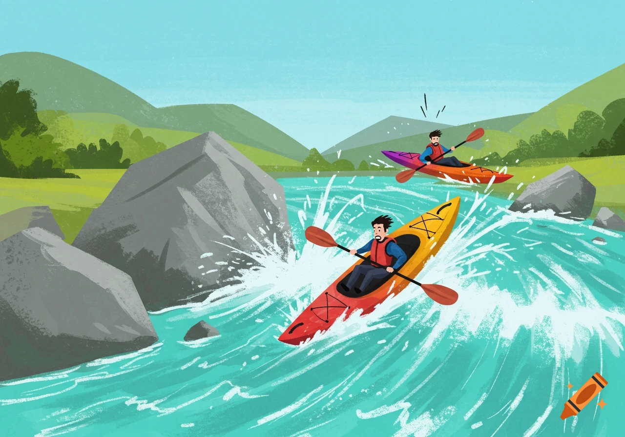Simple drawing of two men kayaking down a river rapids, splashing water near large rocks.