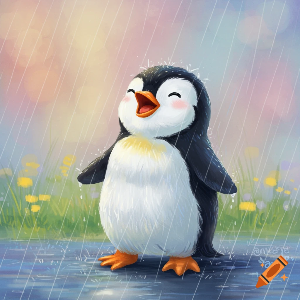 Cute cartoon penguin standing happily in the rain