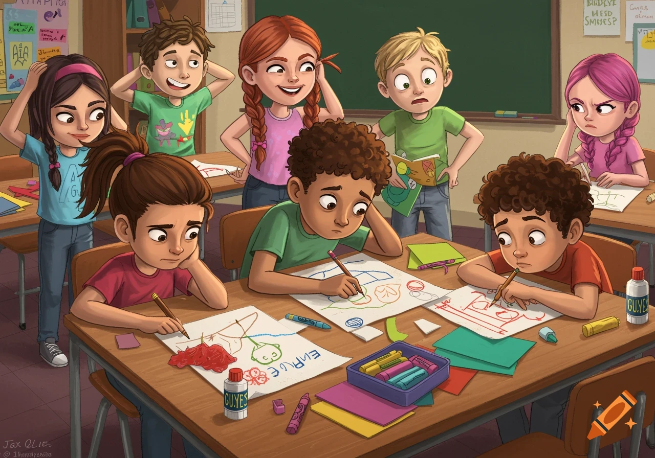 Illustration of diverse kids in a classroom drawing at their desks.