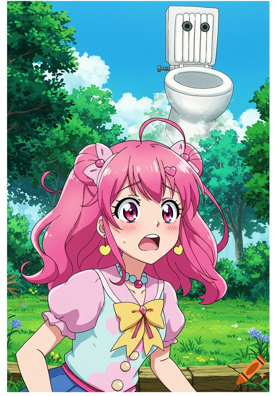 Anime girl looks up at a giant toilet with eyes in a field.