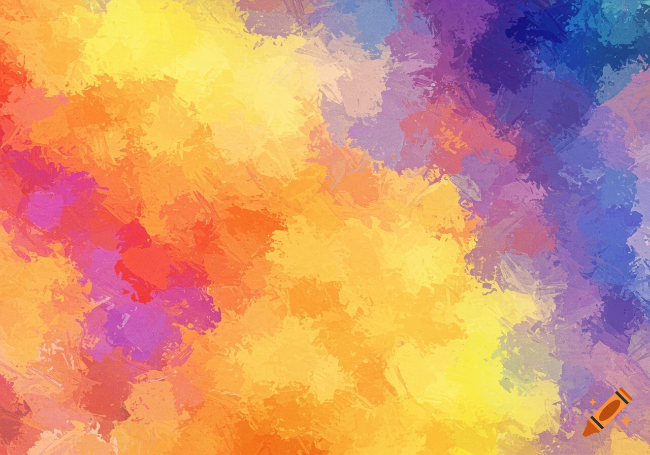 Abstract painting with textured brushstrokes in warm and cool colors.