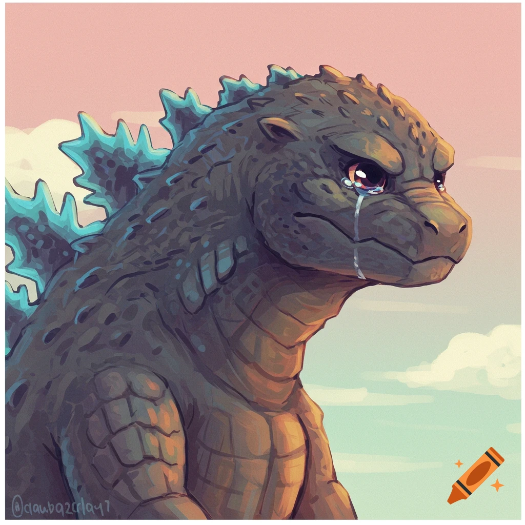Stylized illustration of a sad, crying Godzilla looking off to the side.
