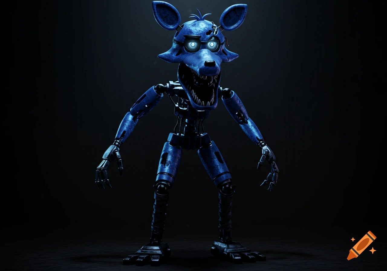 A creepy blue animatronic fox character from Five Nights at Freddy's stands on a dark background.