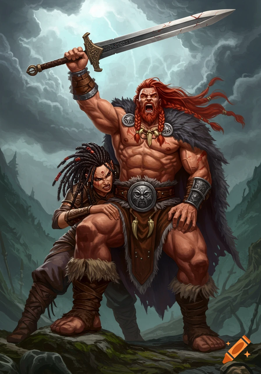 Fantasy illustration of a muscular barbarian king holding a sword up, with a barbarian queen clinging to his leg on a mountain.