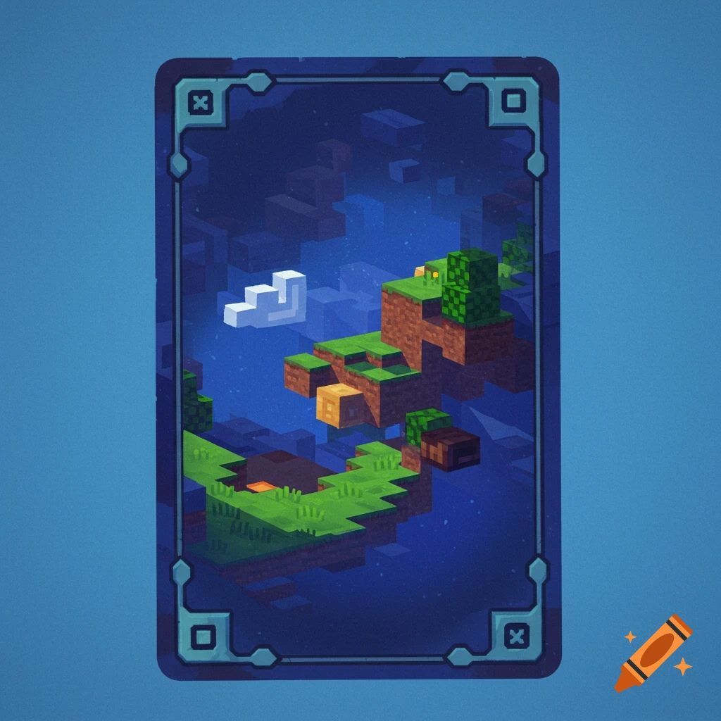 Voxel art trading card back with floating Minecraft-style islands in a starry sky.