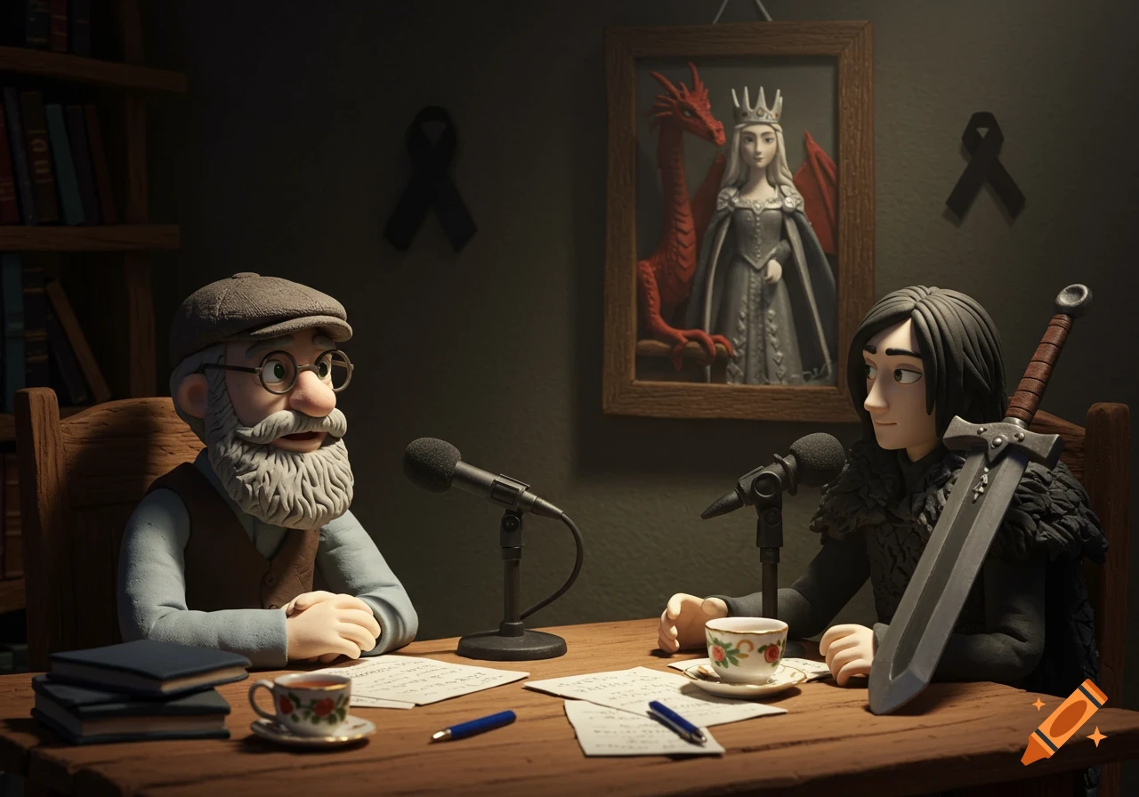 Claymation fantasy scene: an old man and a young man with a sword sit at a table with microphones, papers, and tea, a queen and dragon portrait behind them.