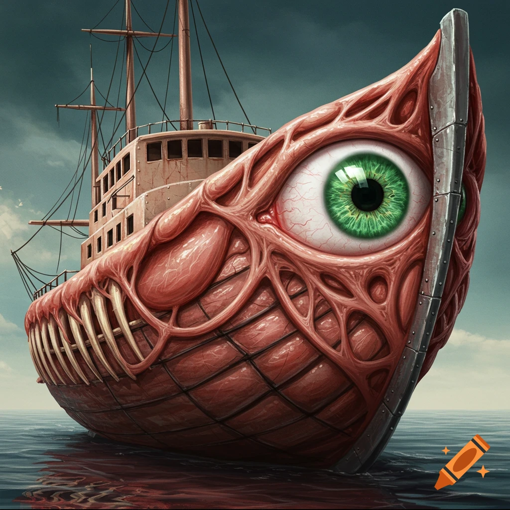 A boat made of flesh with a large green eye on the bow floats on the water in a surreal style.