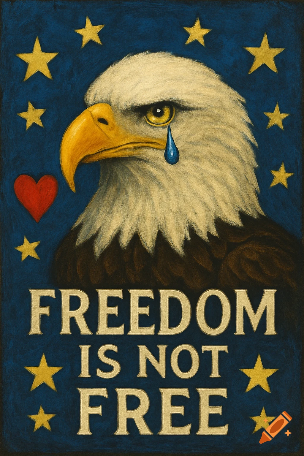 Painting of a crying eagle with a heart and stars, above the words 'FREEDOM IS NOT FREE'.