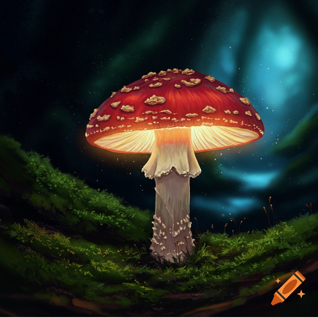 A red and white spotted mushroom glows from underneath on a mossy forest floor.