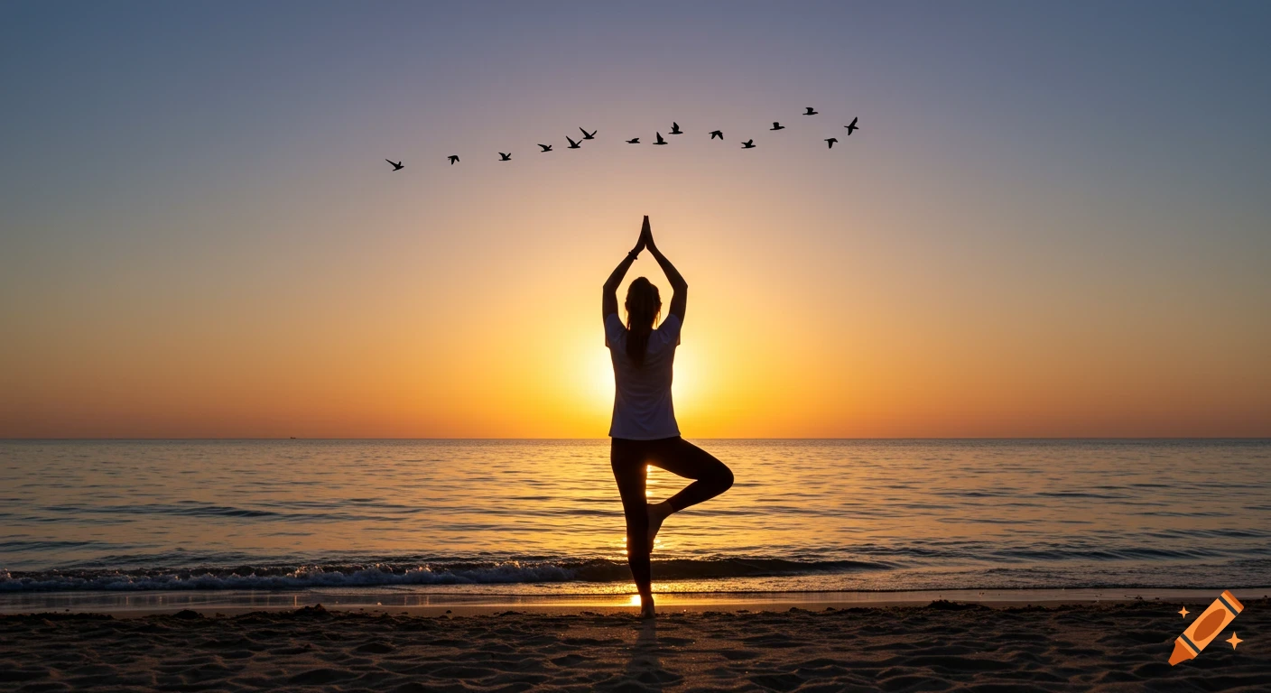 Silhouette of person doing yoga on beach at sunset with birds flying on ...