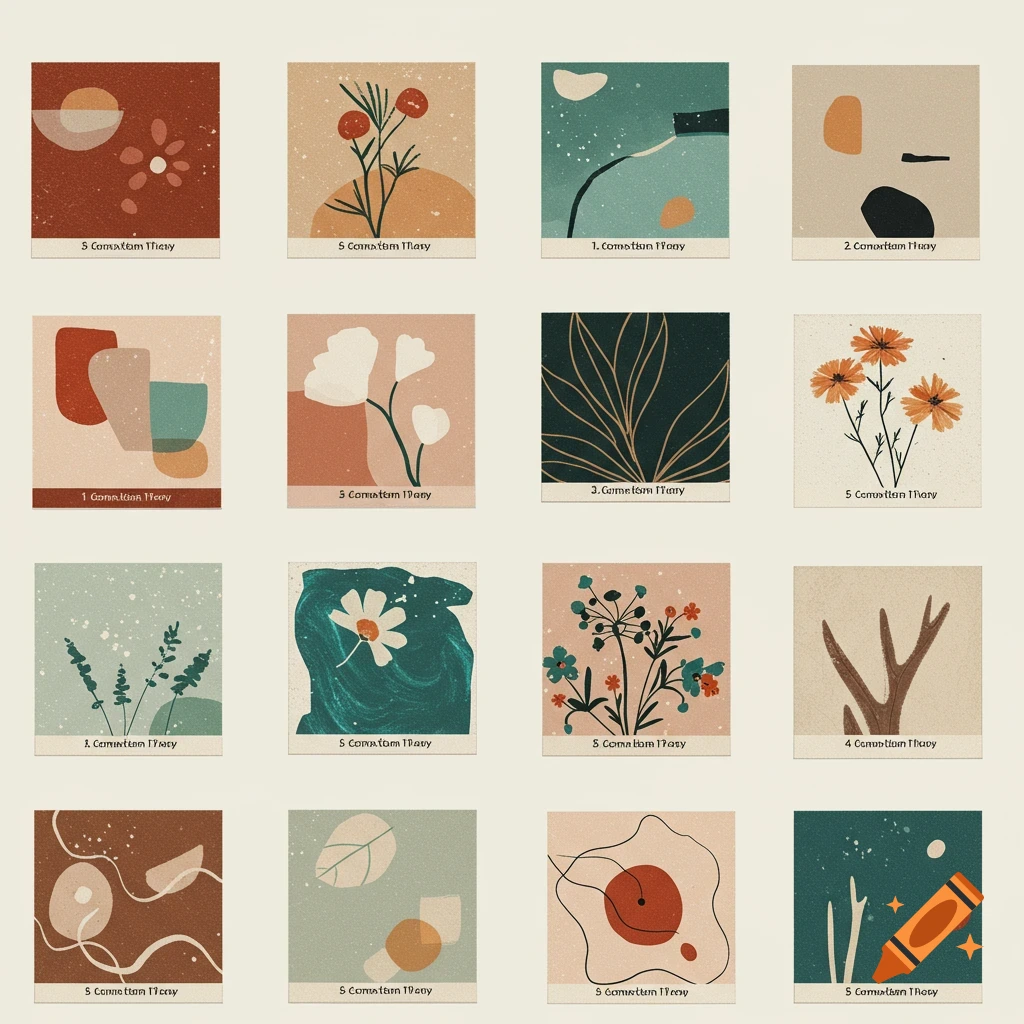 Grid of 16 stylized abstract and botanical illustrations in a textured style, presented as wall decor samples.