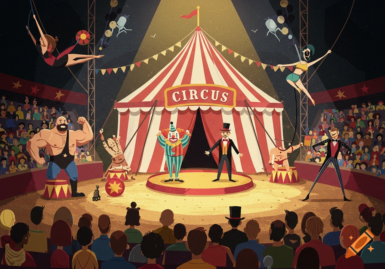 A crowd watches circus performers including a strongman, trapeze artists, clown, and ringmaster under a big top tent in an illustrated style.