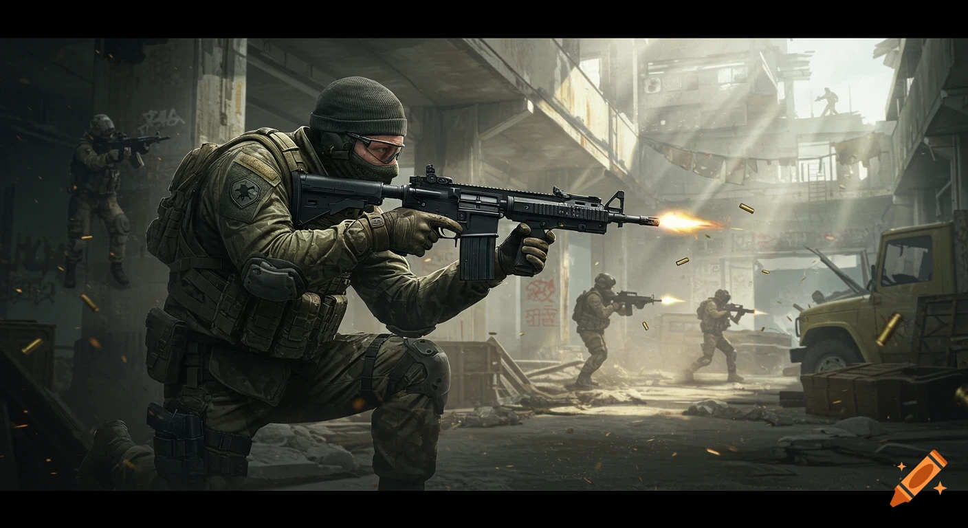 Soldiers in tactical gear in an urban firefight scene.