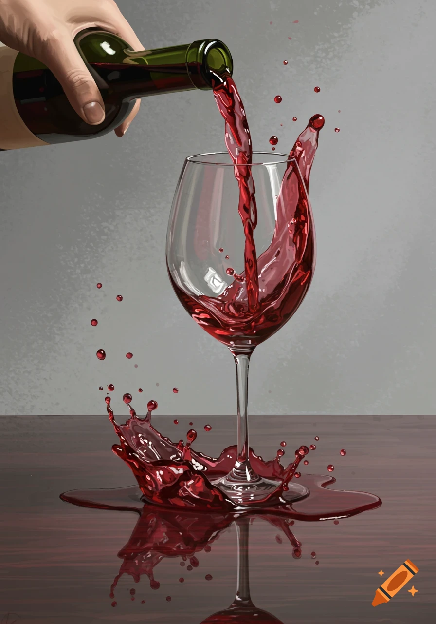 A hand pours red wine into an overflowing glass, splashing onto a reflective surface in a realistic painting style.