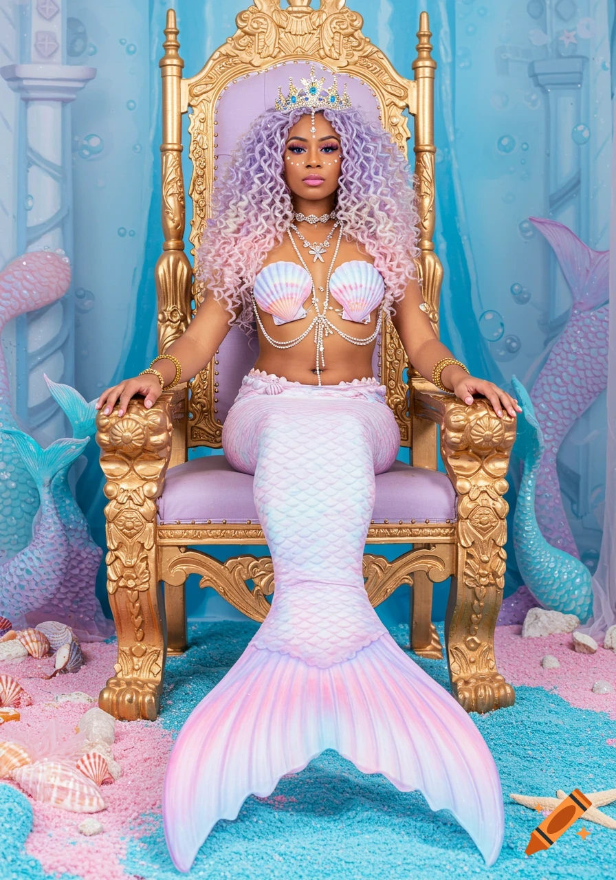 A woman dressed as a mermaid with pastel hair and tail sits on a gold throne in a fantasy setting.