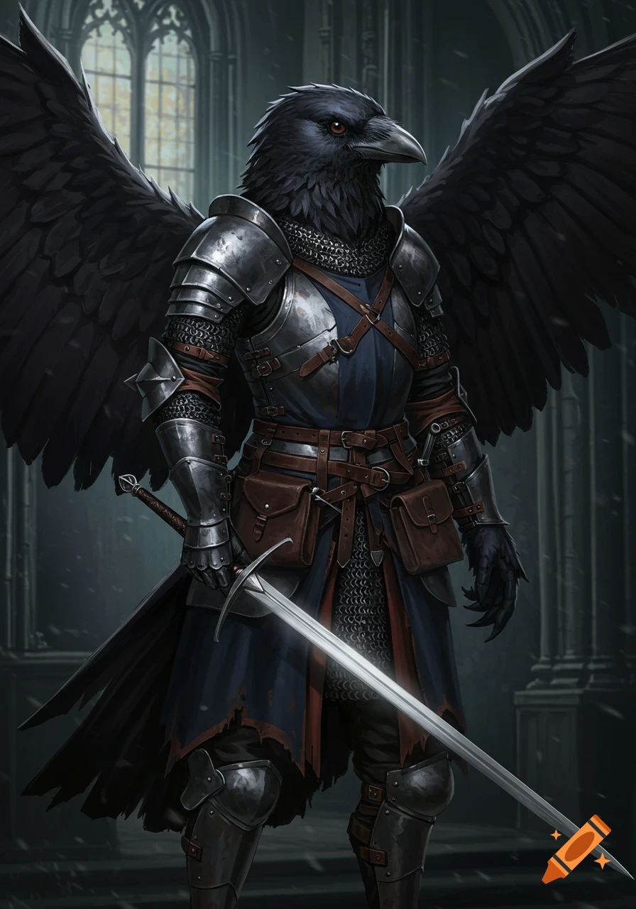 An anthropomorphic crow in knight armor stands in a gothic building, holding a sword.