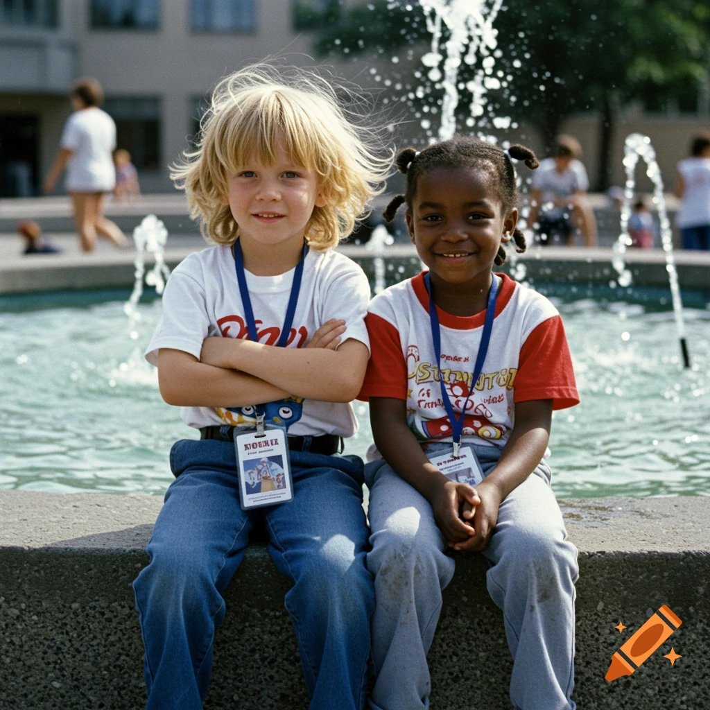 Two children sit on a fountain ledge: a blonde boy with crossed arms and a black girl smiling, wearing lanyards. 1990s photograph.