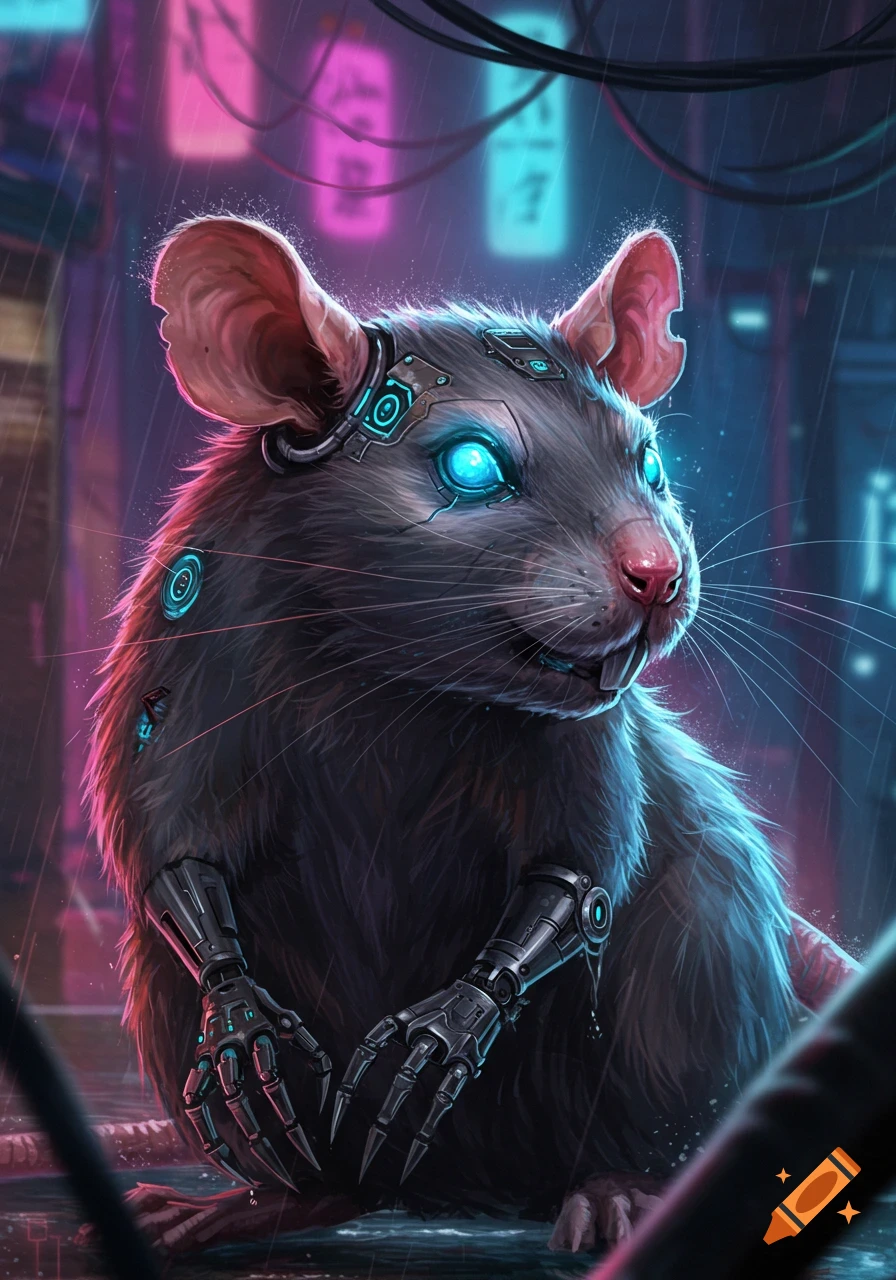 Close-up portrait of a cyborg rat with glowing blue eyes and metal arms in a rainy cyberpunk street.