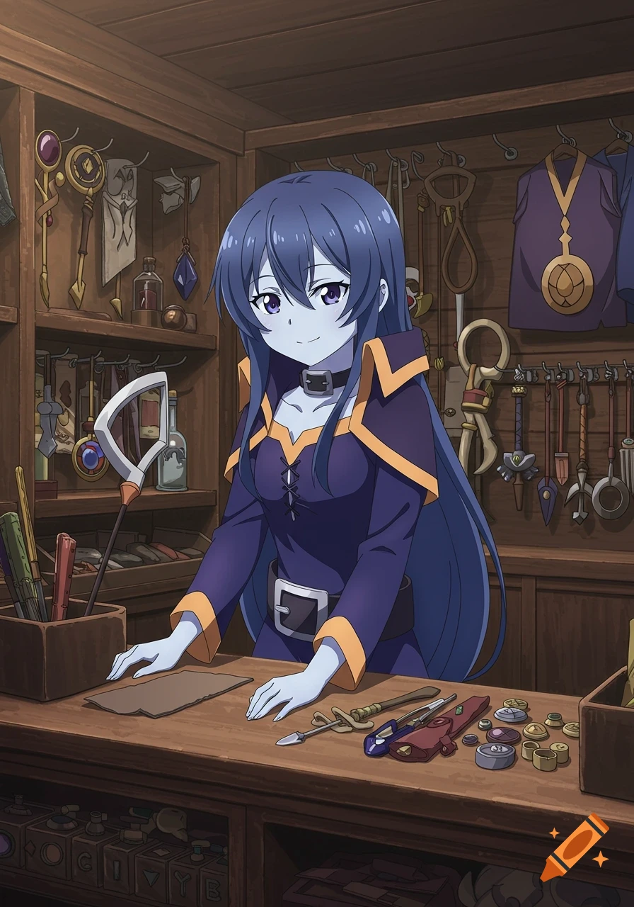 Anime character with blue hair in a purple robe stands behind a counter in a fantasy shop filled with items.