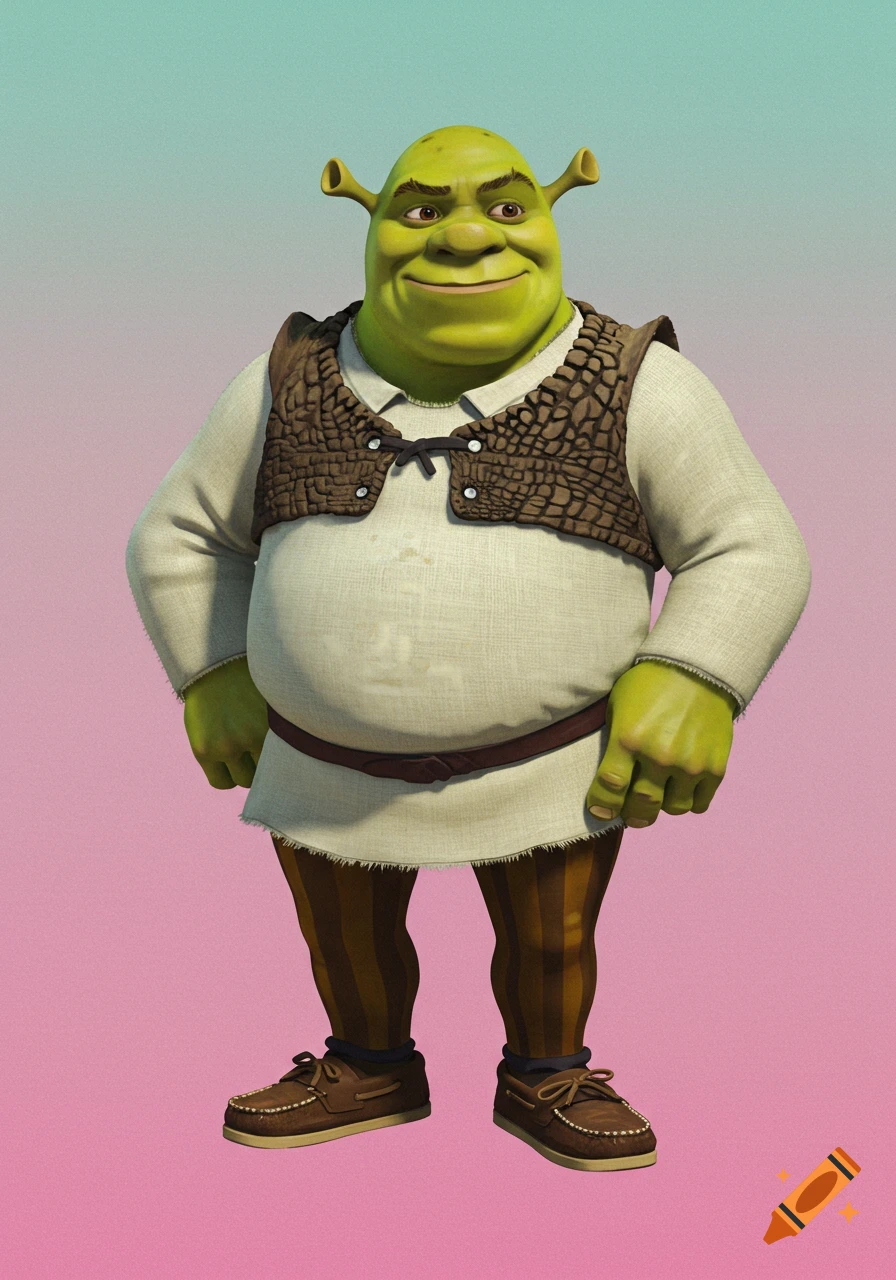 Shrek wearing a white shirt, brown vest, striped pants, and boat shoes stands against a pink and blue background.