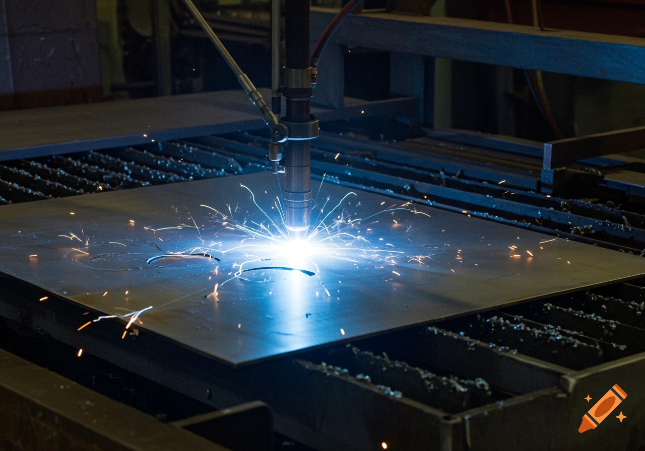 A close-up shot of a plasma cutter robot arm cutting through a sheet of metal, generating bright blue sparks in a factory setting.