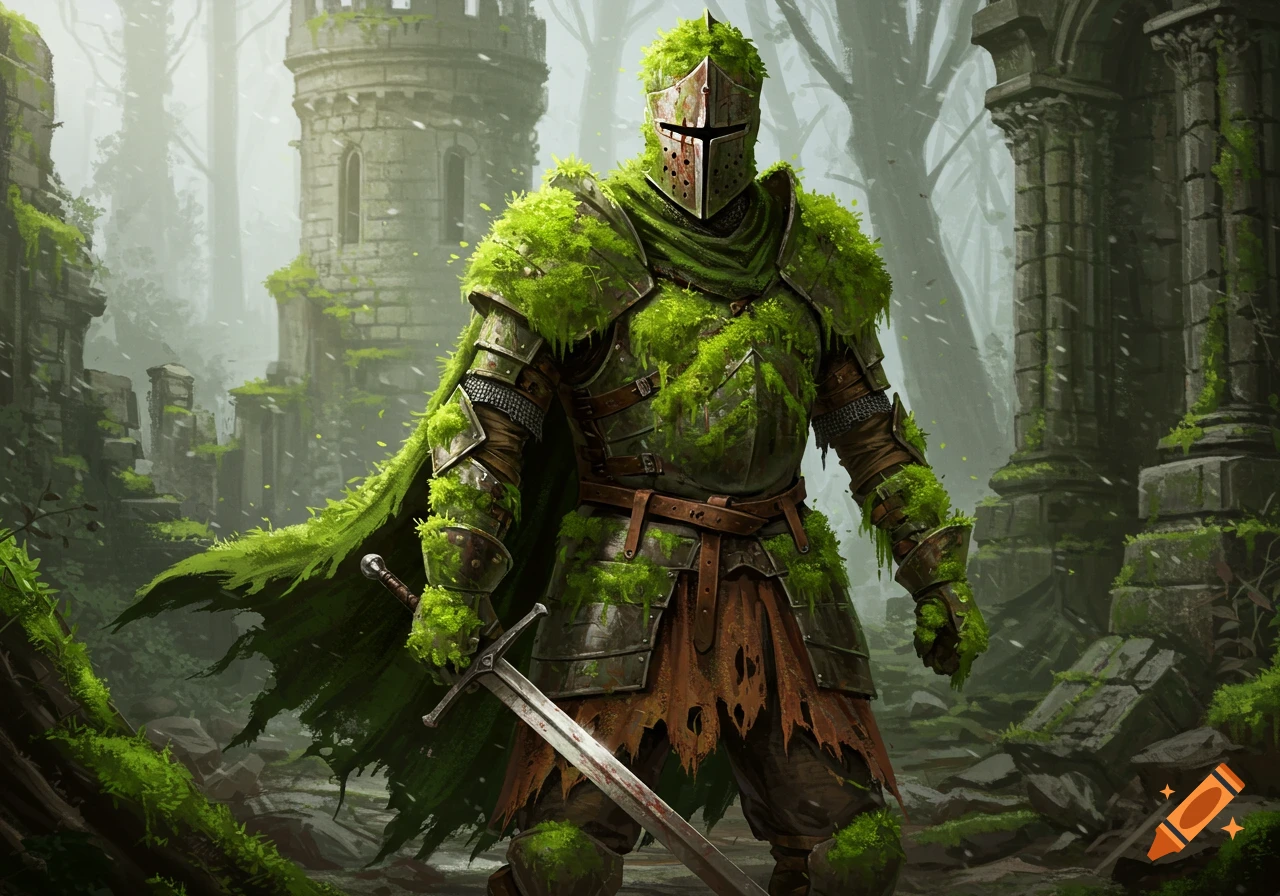 A moss-covered knight stands with sword drawn in a ruined forest.