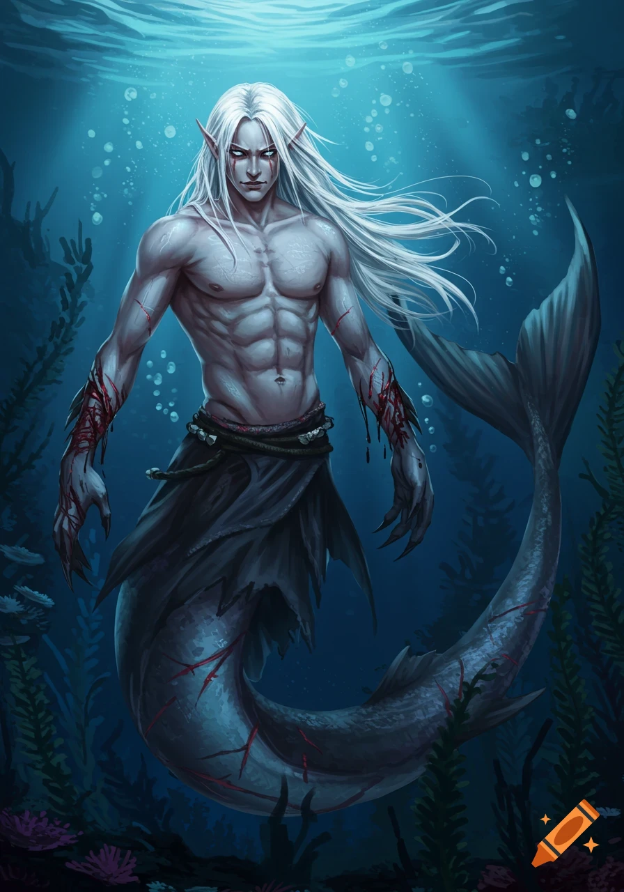 Illustration of a muscular merman with white hair, pale eyes, scars, and a dark tail, swimming underwater among aquatic plants.