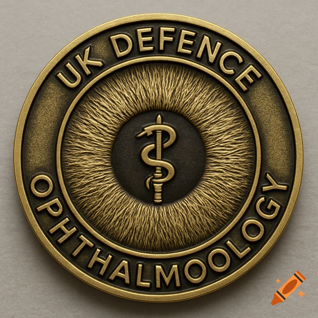 Brass challenge coin with UK Defence Ophthalmology text and eye symbol