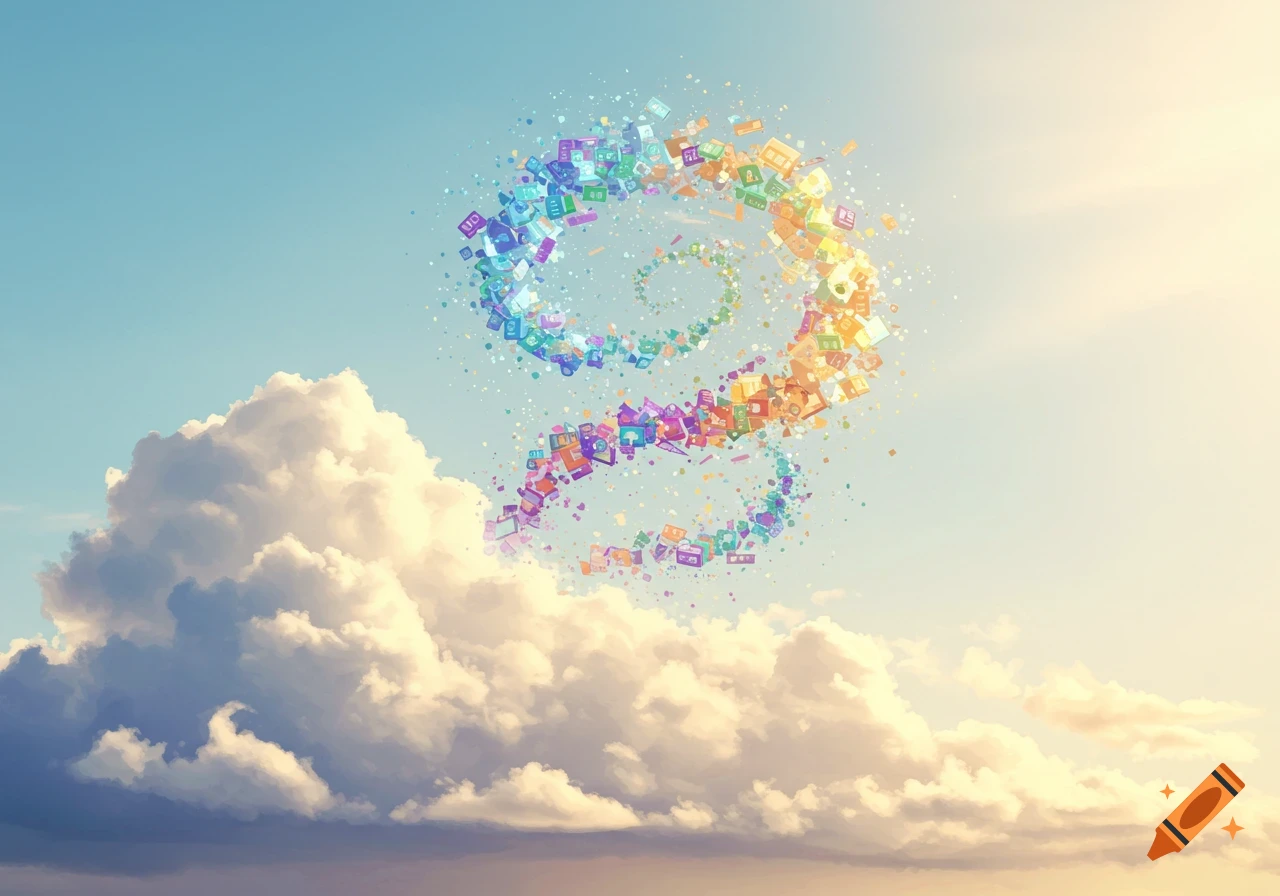 Colorful spiral of abstract shapes against a cloudy sky