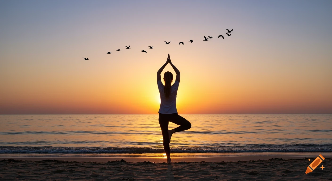 A silhouette of a person doing a yoga pose on a beach at sunset with ...