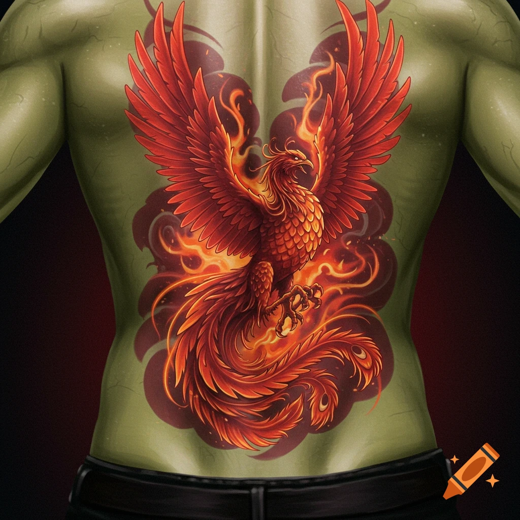 A red phoenix tattoo on a green goblin's back.