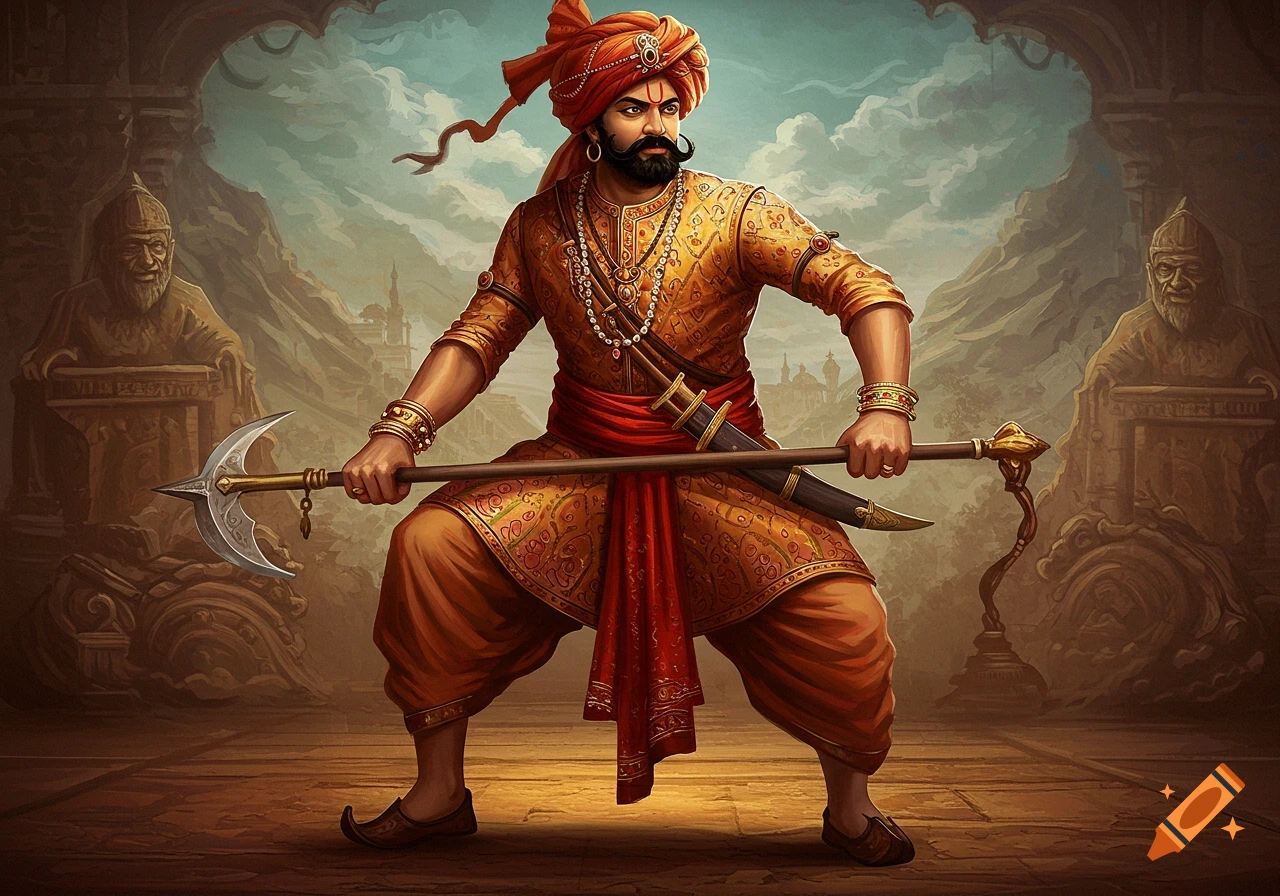 Painting of an Indian warrior holding a spear.