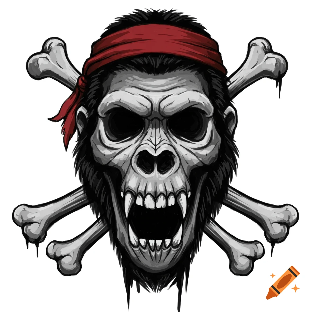 Stylized gorilla skull with red bandana and crossed bones illustration.