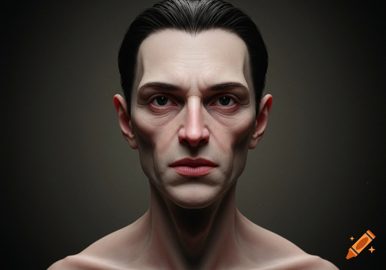 Close-up portrait of a pale man with sharp features looking forward.