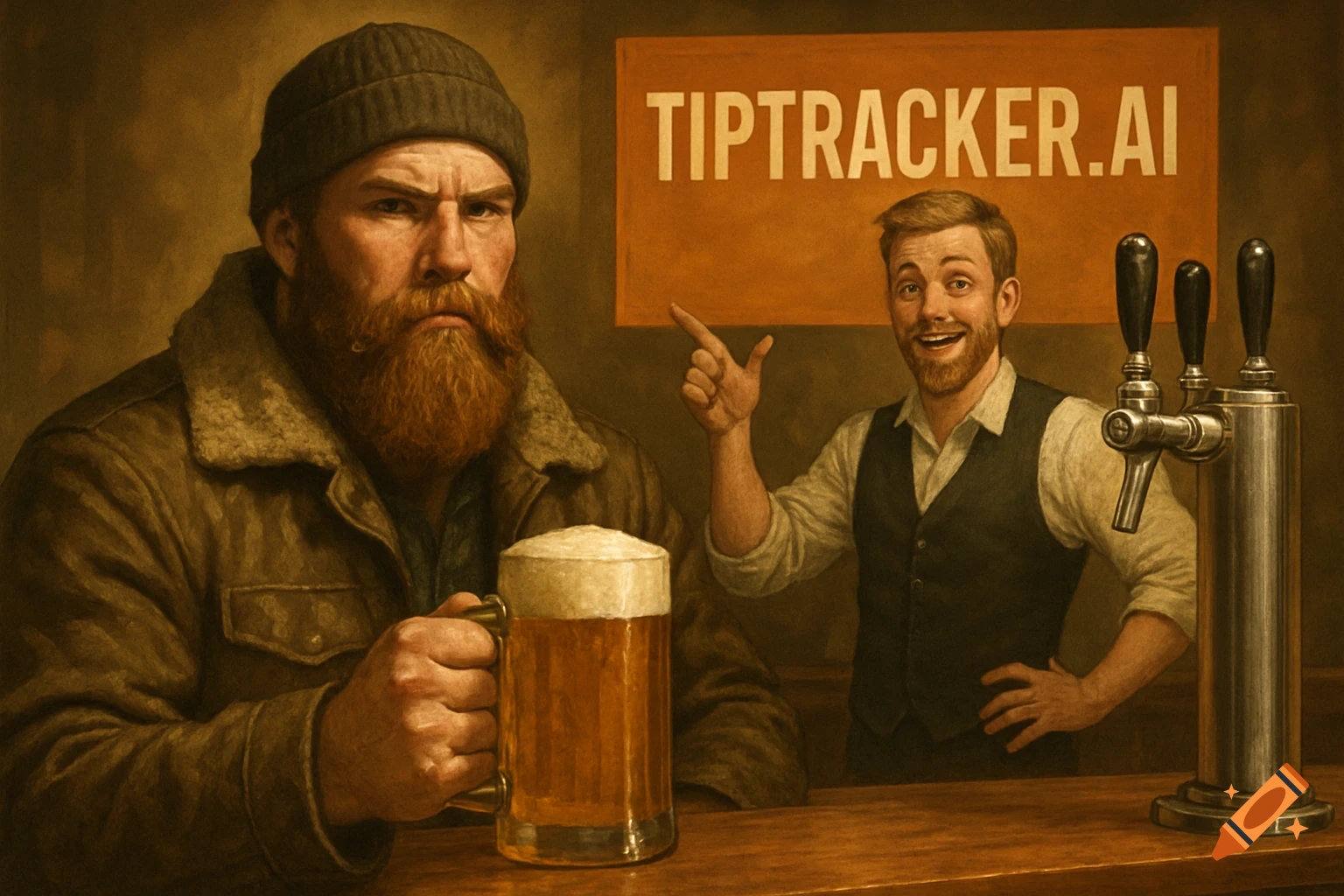 Man with beard holding beer mug at a bar with bartender pointing to a 'TIPTRACKER.AI' sign, painterly style.