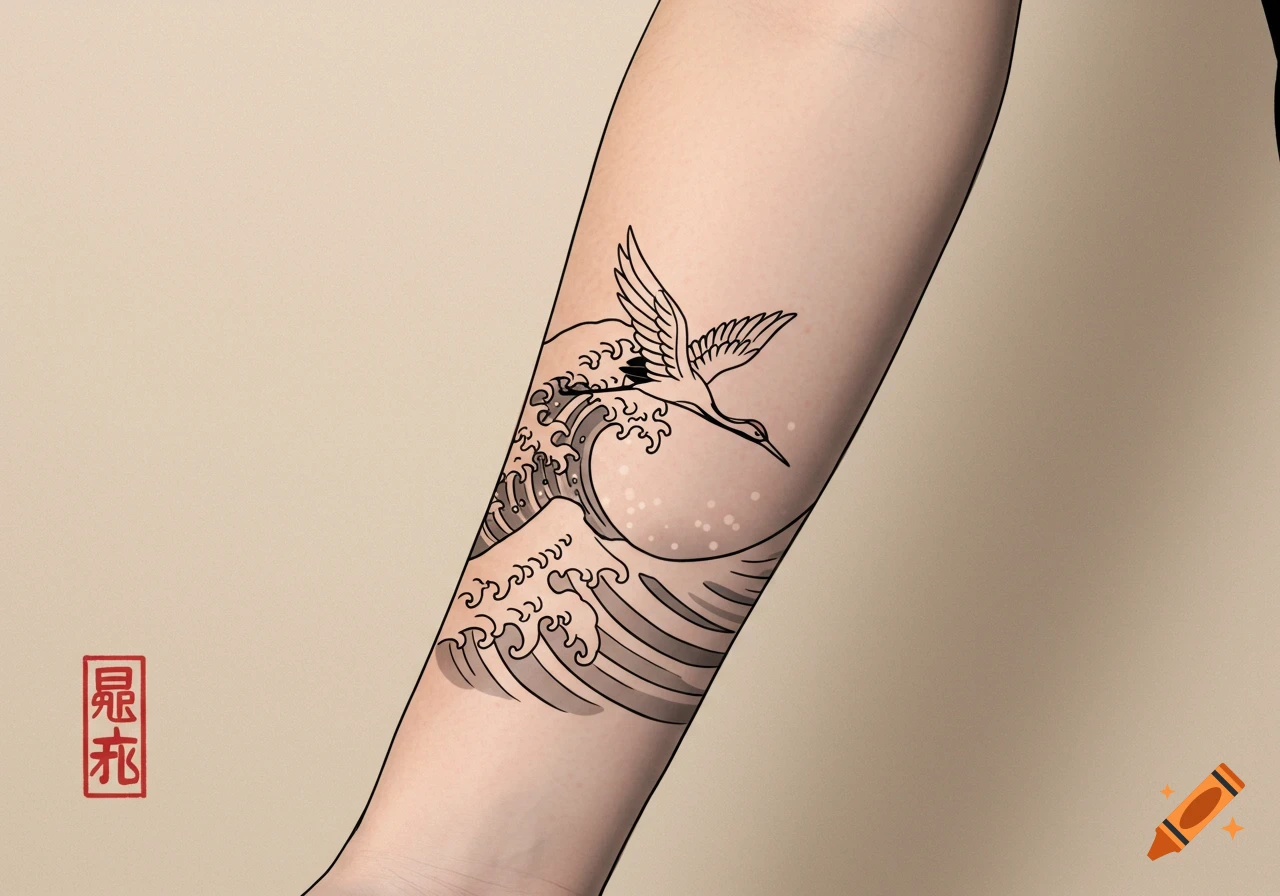 Forearm tattoo of a crane flying over a wave in Japanese style with a red seal.