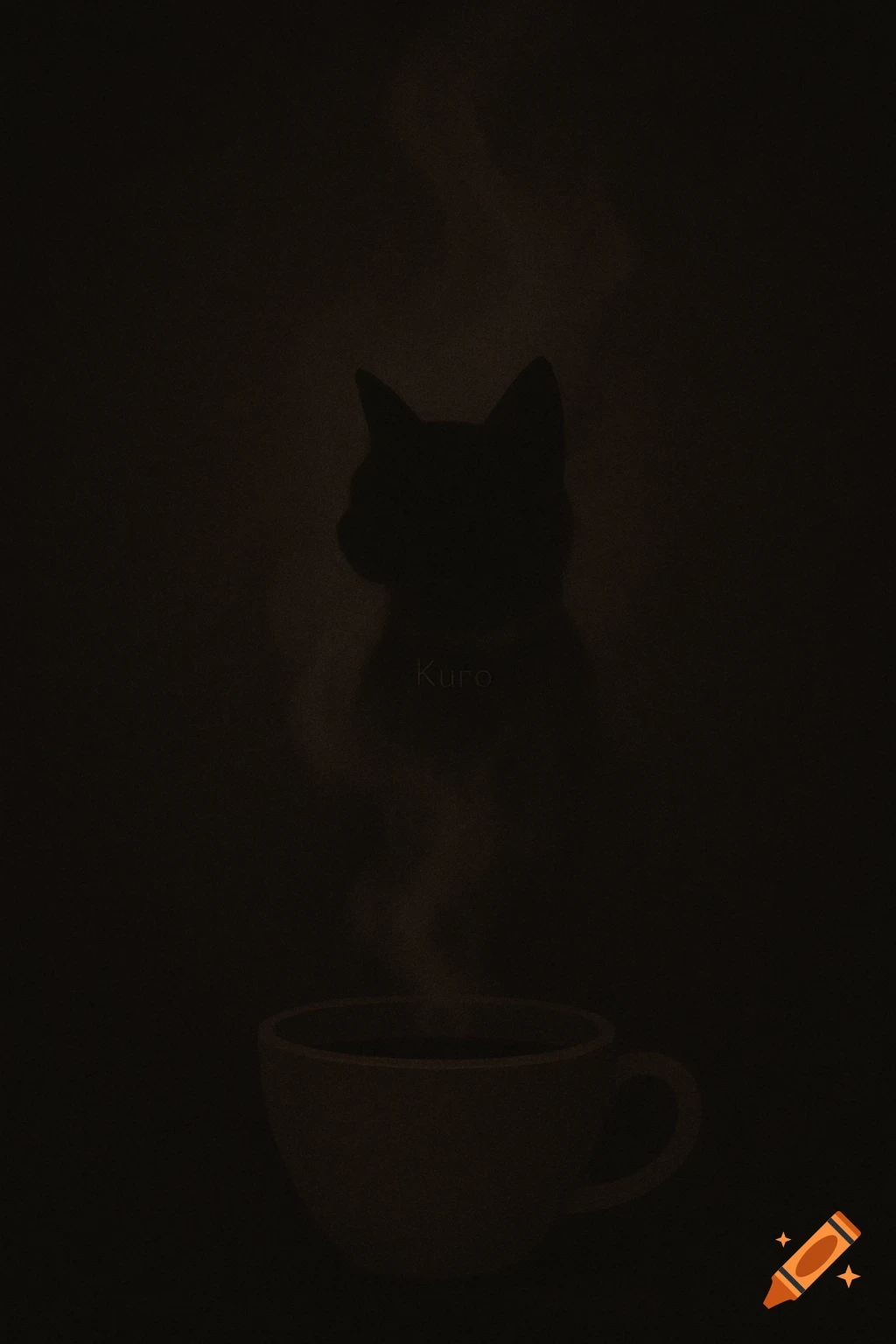 Minimalist digital art of a black cat silhouette rising from steam above a coffee cup with the word "Kuro".