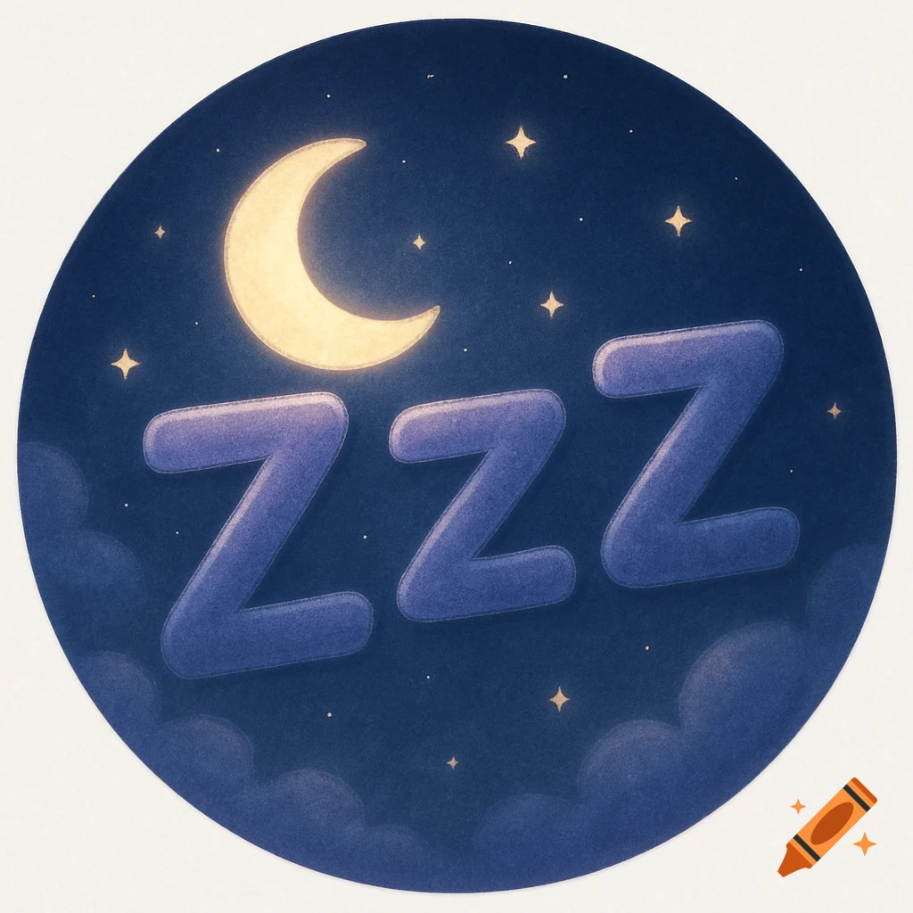Stylized illustration of 'Zzz' letters in a night sky with moon, stars, and clouds.
