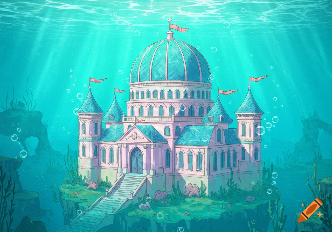 Cartoon illustration of a pink and blue underwater palace with a large ...