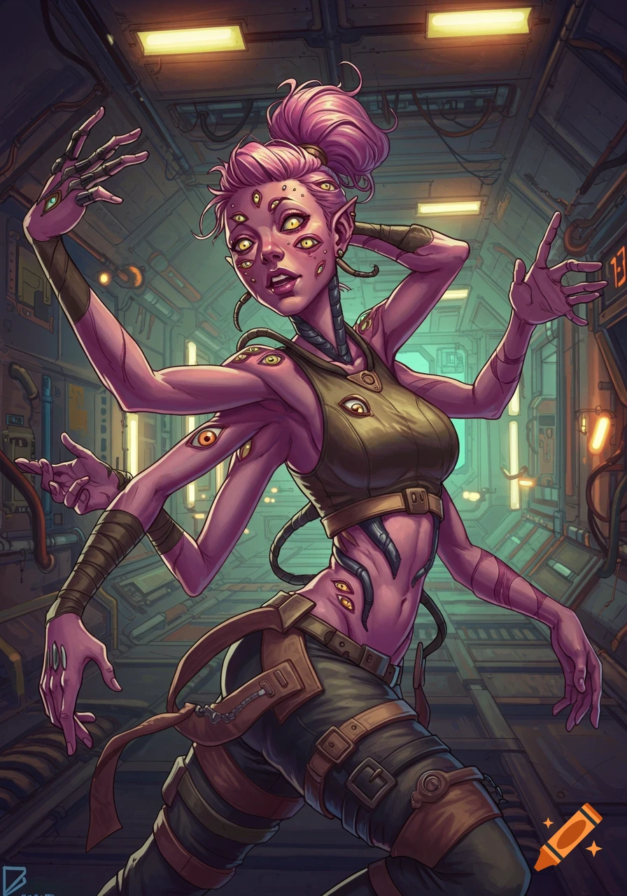 Pink alien with multiple eyes and arms in sci-fi corridor, digital art